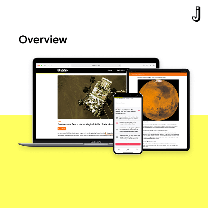 The Juice is a learning tool powered by daily current events that strengthens critical thinking, builds visual and numeric literacy, and broadens students' view of the world.