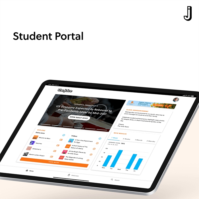Juicers in 5-12th grade get their own secure portal, too. They can access past issues, read extra juices and watch videos, and track their quiz performance over time.