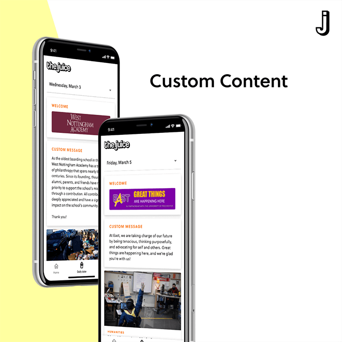 Teachers also can customize one page within The Juice. They can announce upcoming events, celebrate achievements, add unique content, and even make money by selling sponsorships to local businesses.